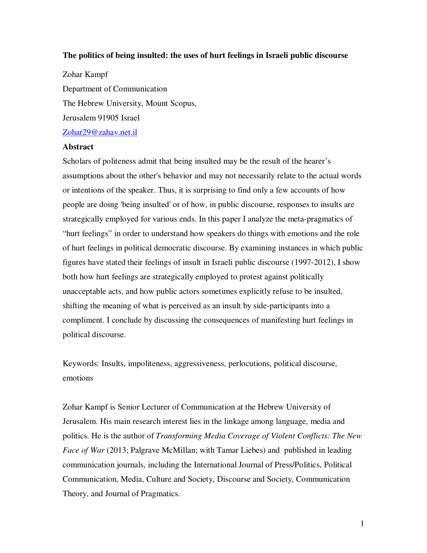 Pdf) The Politics Of Being Insulted: The Uses Of Hurt Regarding Hurt Feelings Report Template