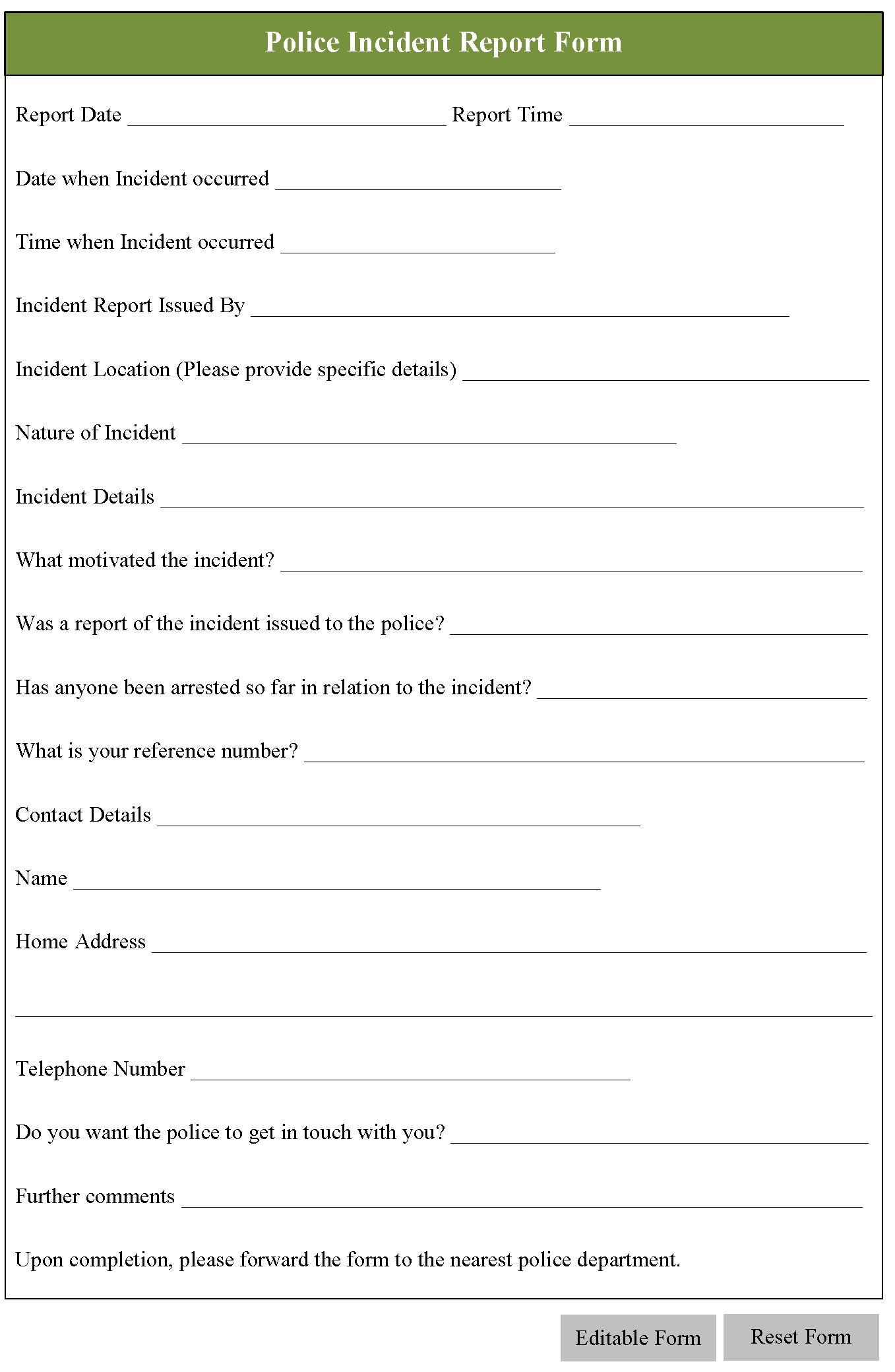 Police Incident Report Form | Editable Forms Intended For Police Incident Report Template