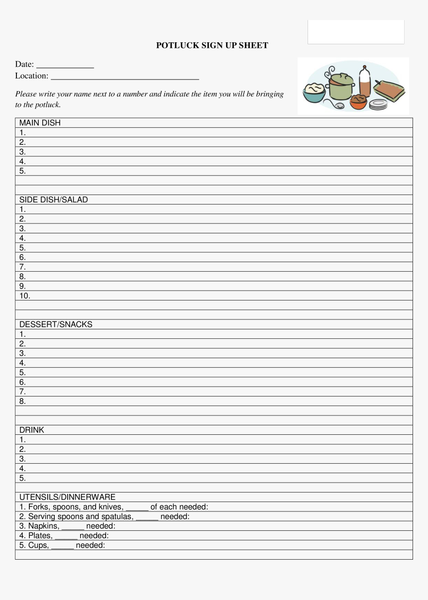 Potluck Signup Sheet Main Image - Printable Sign Up Sheet Regarding Potluck Signup Sheet Template Word