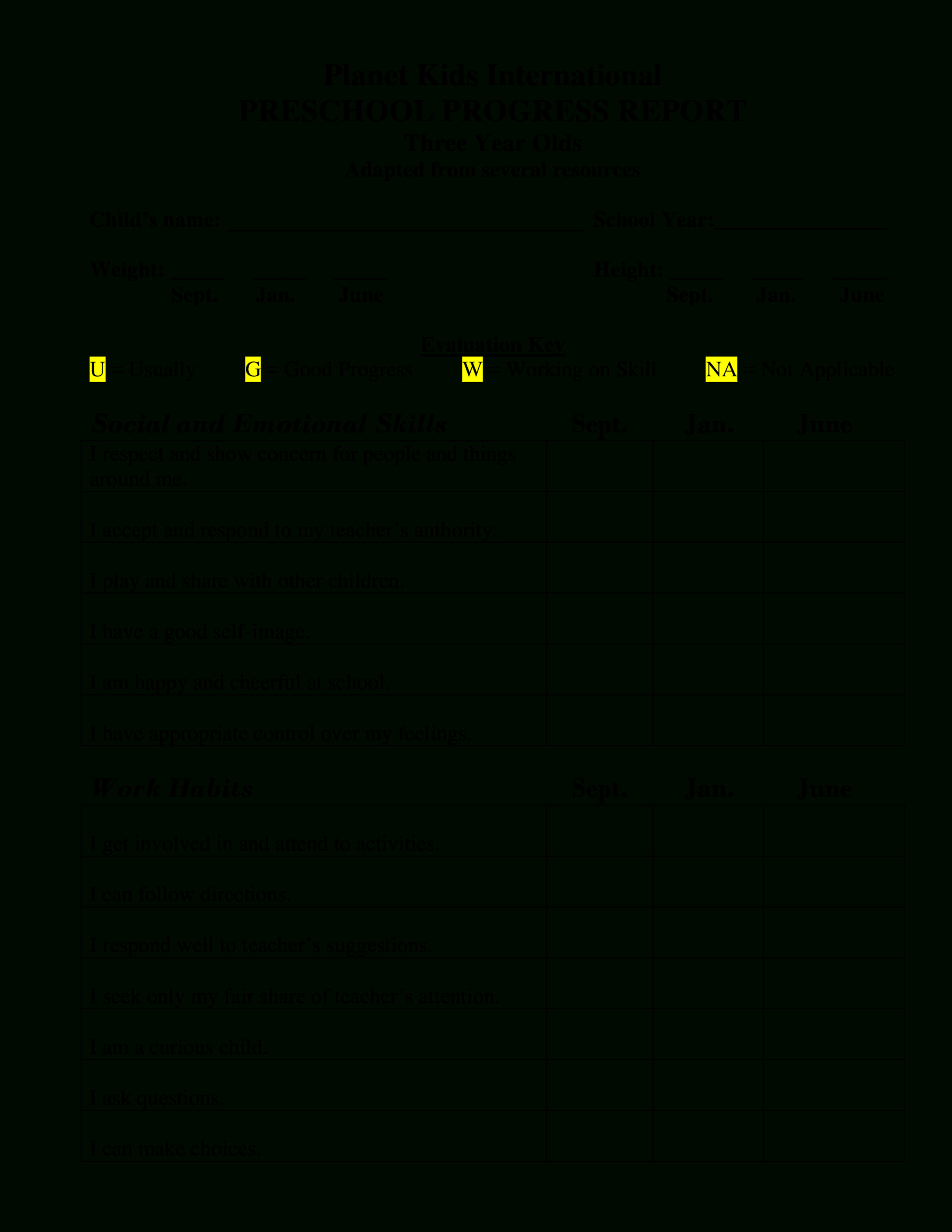 Preschool Progress Report | Templates At For Preschool Progress Report Template