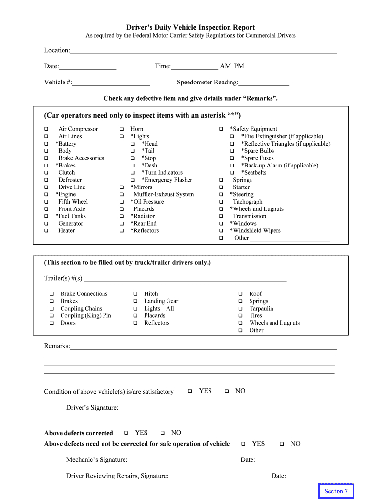 Printable Driver Vehicle Inspection Report Form – Fill With Daily Inspection Report Template
