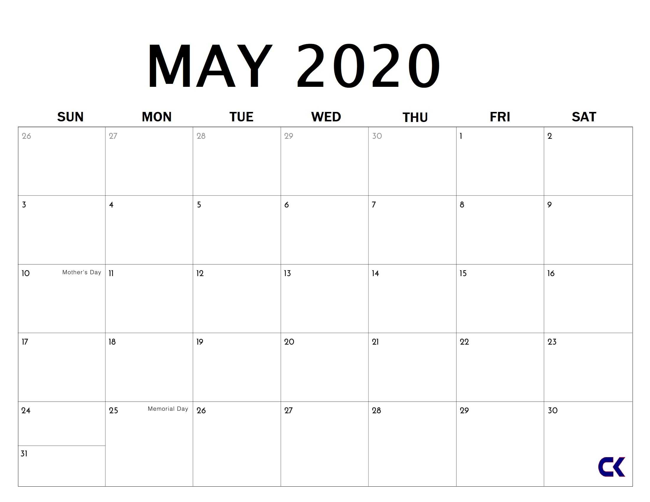 Printable May 2020 Calendar – Calendarkart Inside Blank Calander Template
