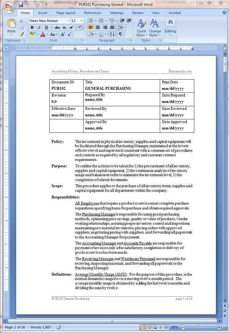 Procurement Policy And Procurement Procedure Template In Procedure Manual Template Word Free