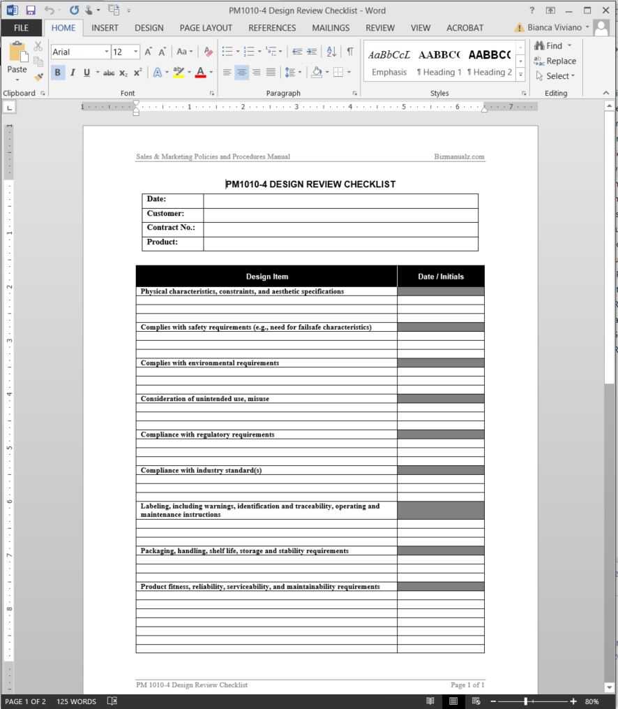 Product Design Review Checklist Template | Pm1010 4 In Training Manual Template Microsoft Word