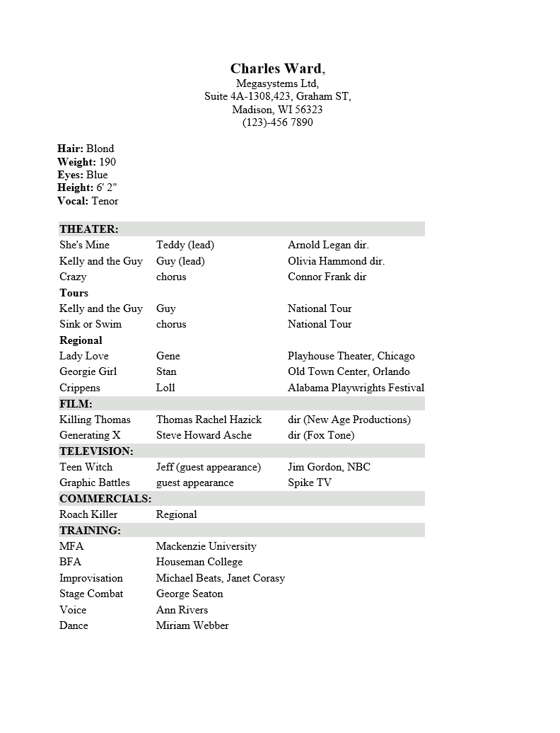 Professional Acting Resume : Resume Templates With Theatrical Resume Template Word