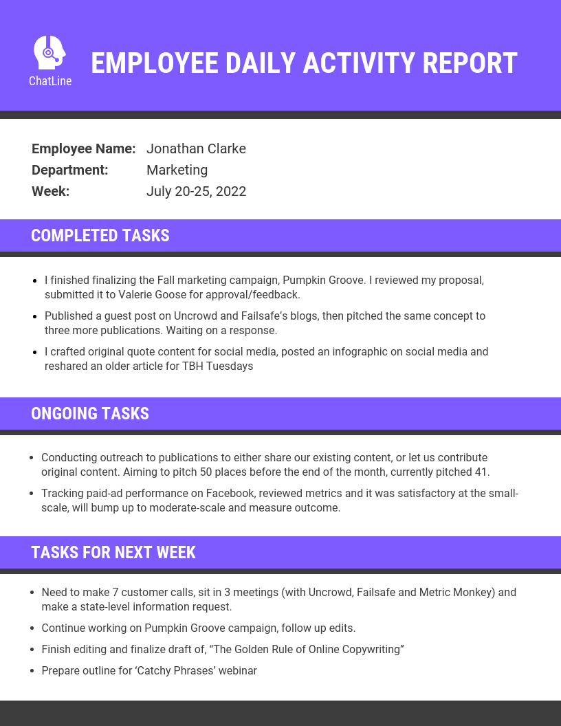 Purple Employee Daily Activity Report Template With Daily Activity Report Template