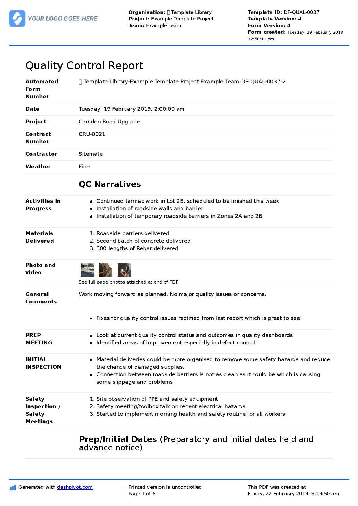 Qa Qc Report Template And Sample With Customisable Format Intended For Report Content Page Template