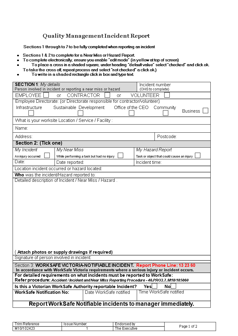 Quality Management Incident Report | Templates At Inside Ohs Incident Report Template Free