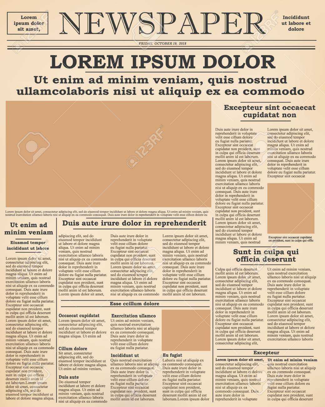 Realistic Old Newspaper Front Page Template. Vector Illustration With Old Blank Newspaper Template