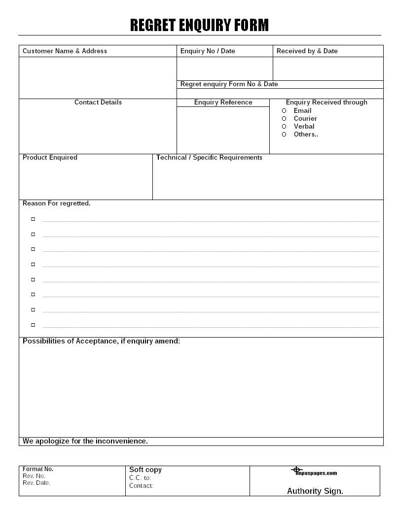 Regret Enquiry Form Format Within Enquiry Form Template Word