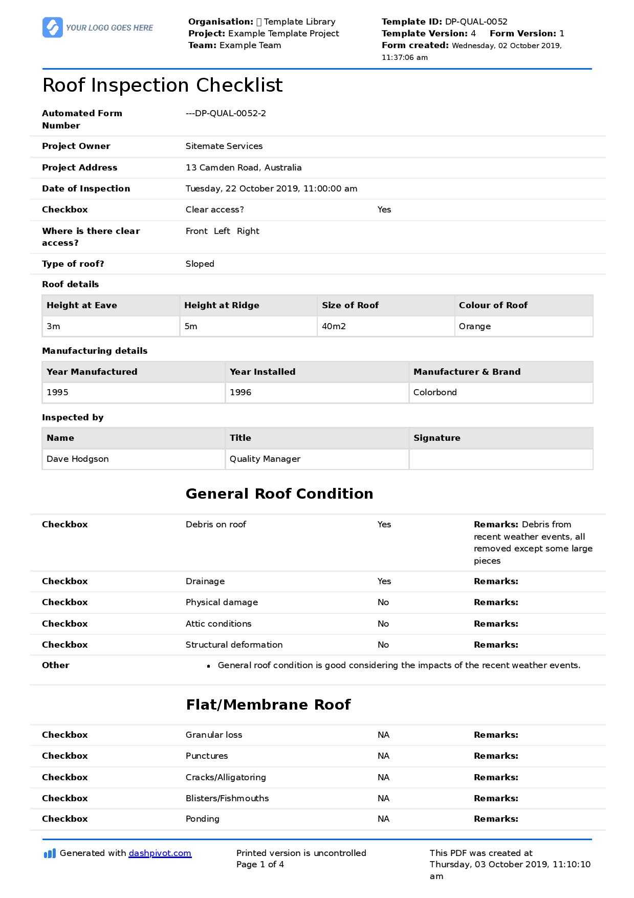 Roof Report Template – Dalep.midnightpig.co Regarding Building Defect Report Template