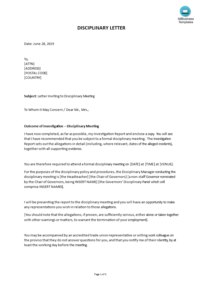 Sample Letter Inviting To Disciplinary Meeting | Templates At With Investigation Report Template Disciplinary Hearing