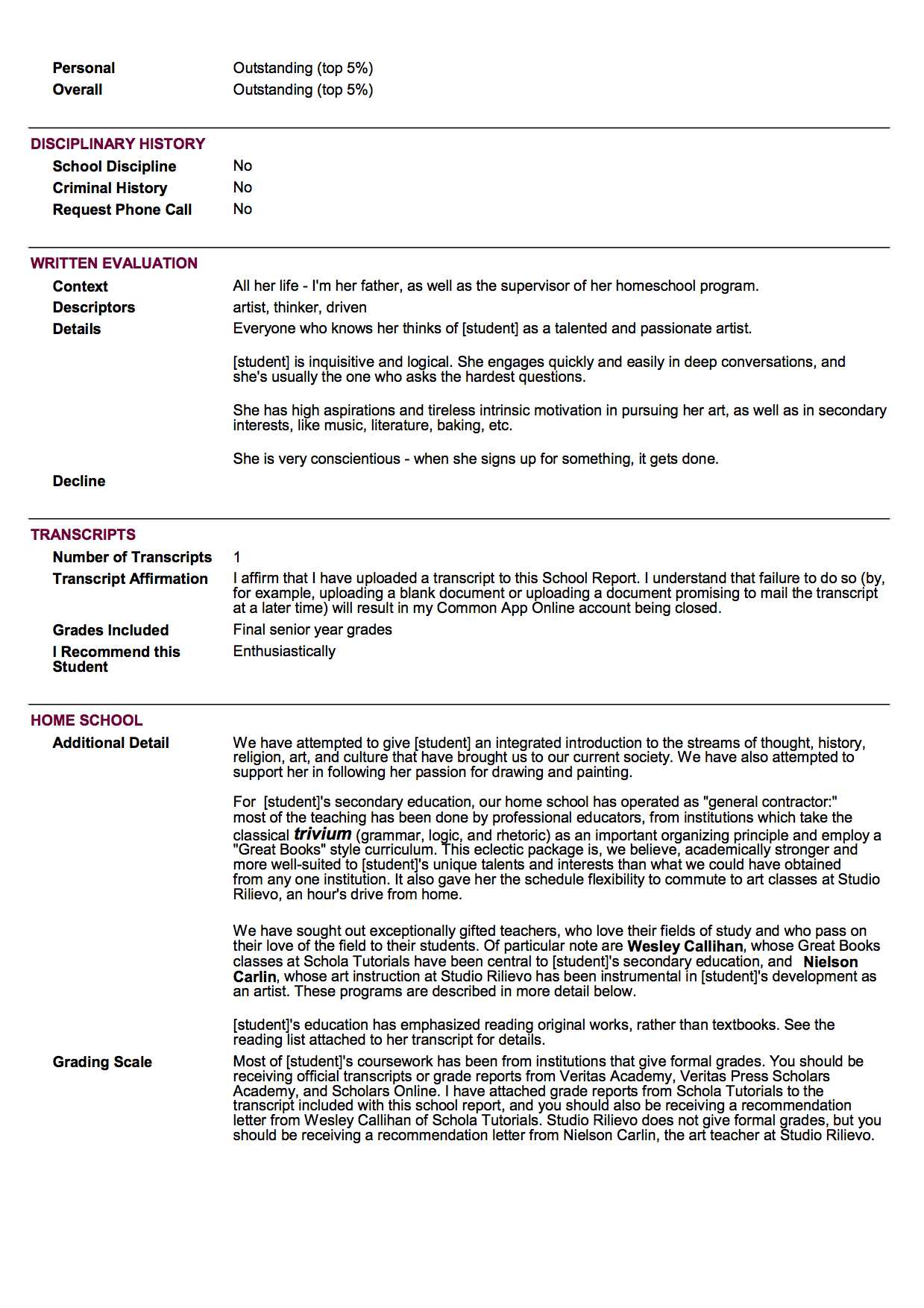 Sample School Report And Transcript (For Homeschoolers For College Report Card Template