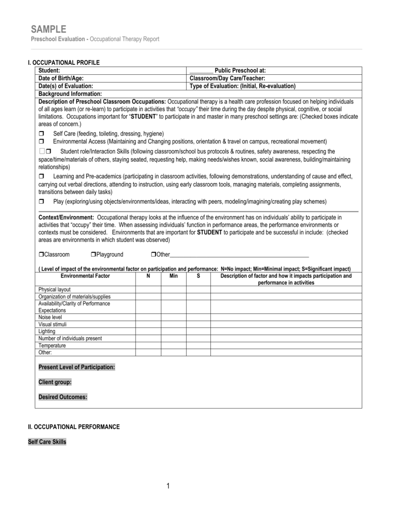 Sample/template For Occupational Therapy Preschool Evaluation Regarding Template For Evaluation Report