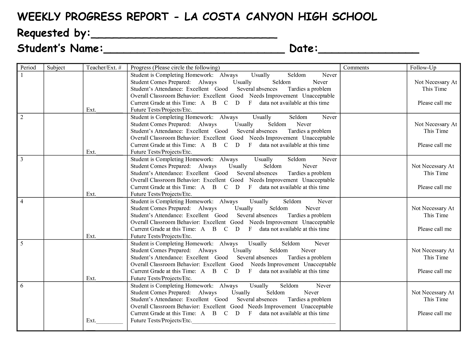 School Weekly Progress Report Template | Chainimage Inside High School Progress Report Template
