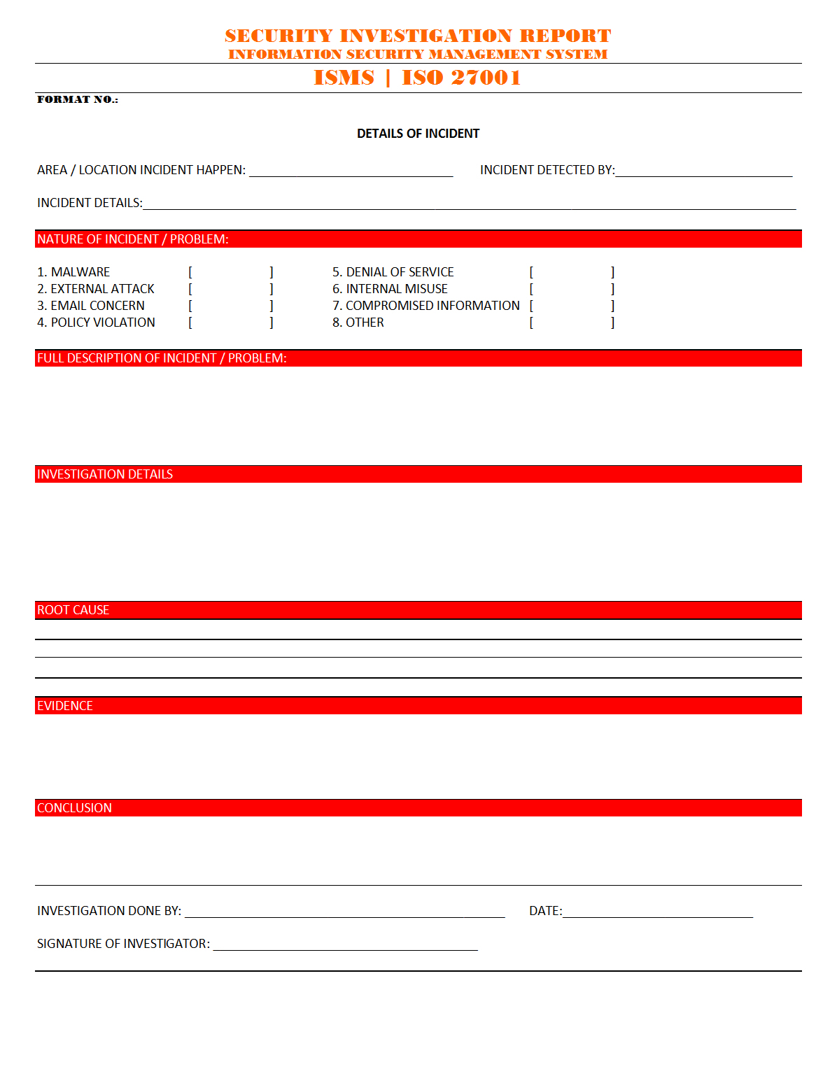 Security Investigation Report – Within Physical Security Report Template