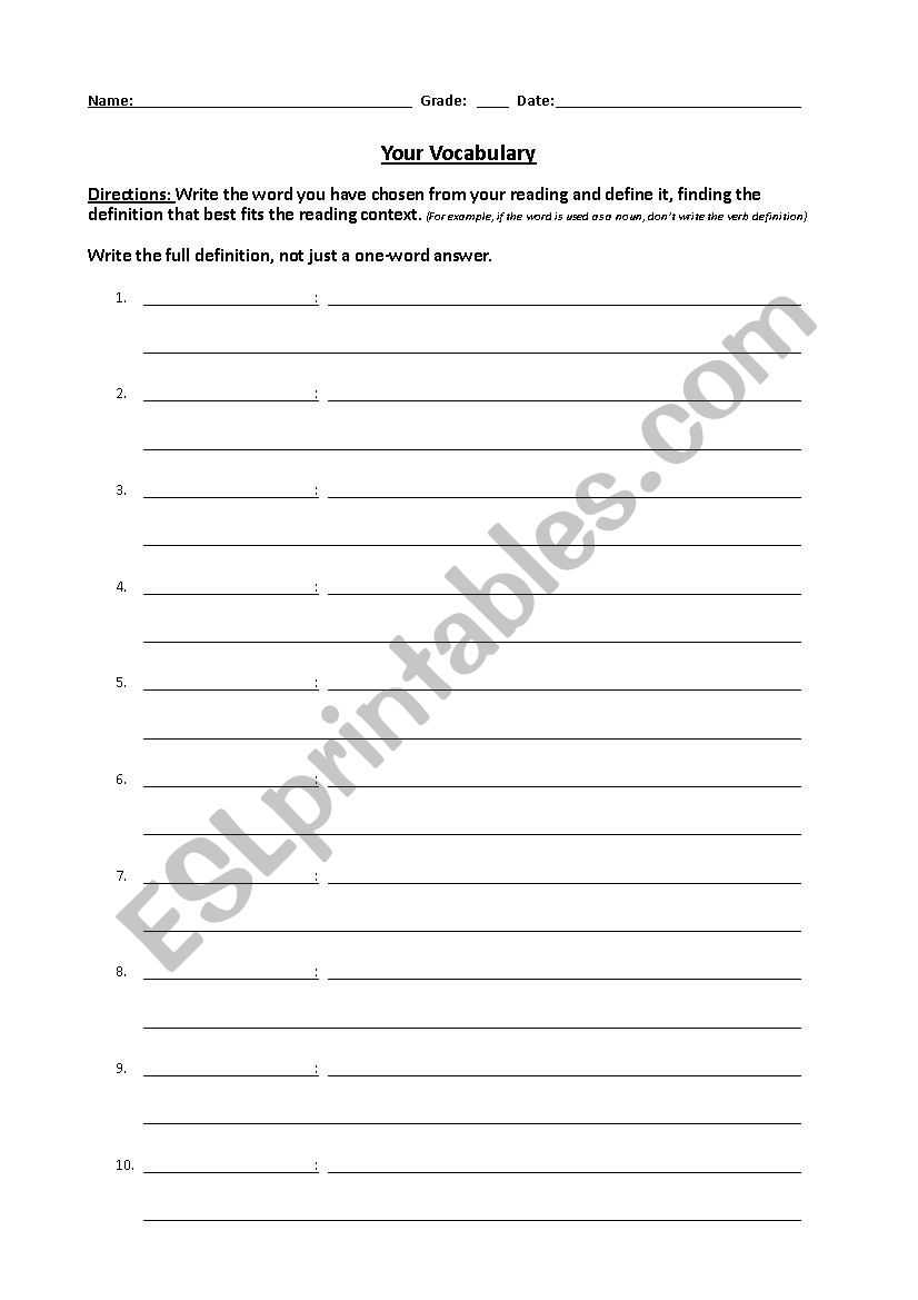 Self Created Vocabulary List, Template Form – Esl Worksheet Regarding Vocabulary Words Worksheet Template