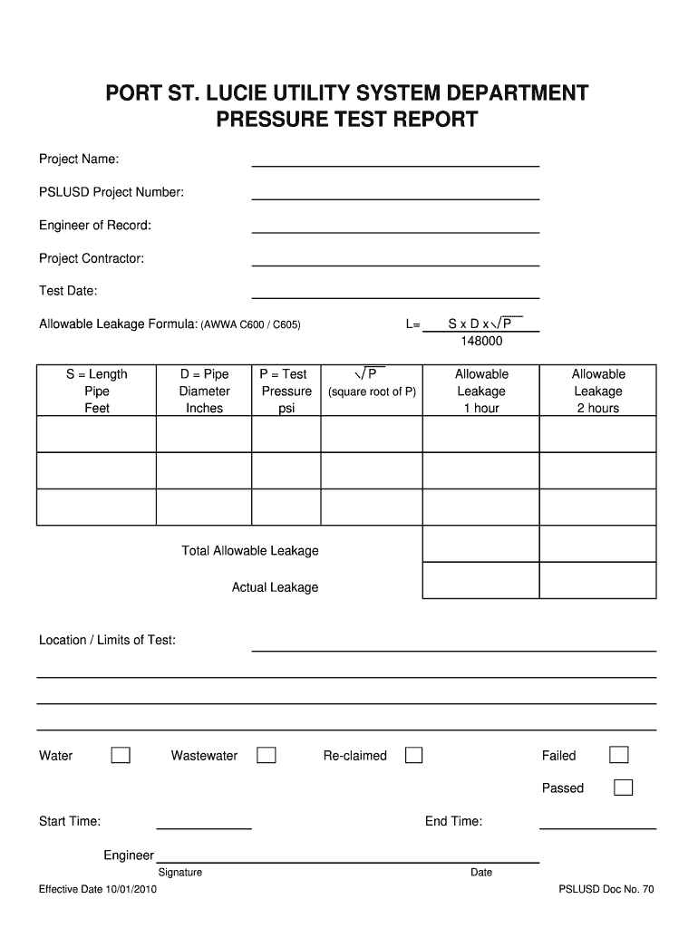 Sewe Line Pressure Test Form – Fill Online, Printable For Hydrostatic Pressure Test Report Template