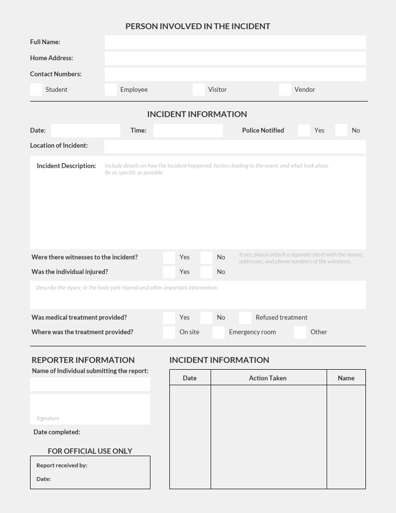 Simple Light Incident Report Template Inside Template For Information Report