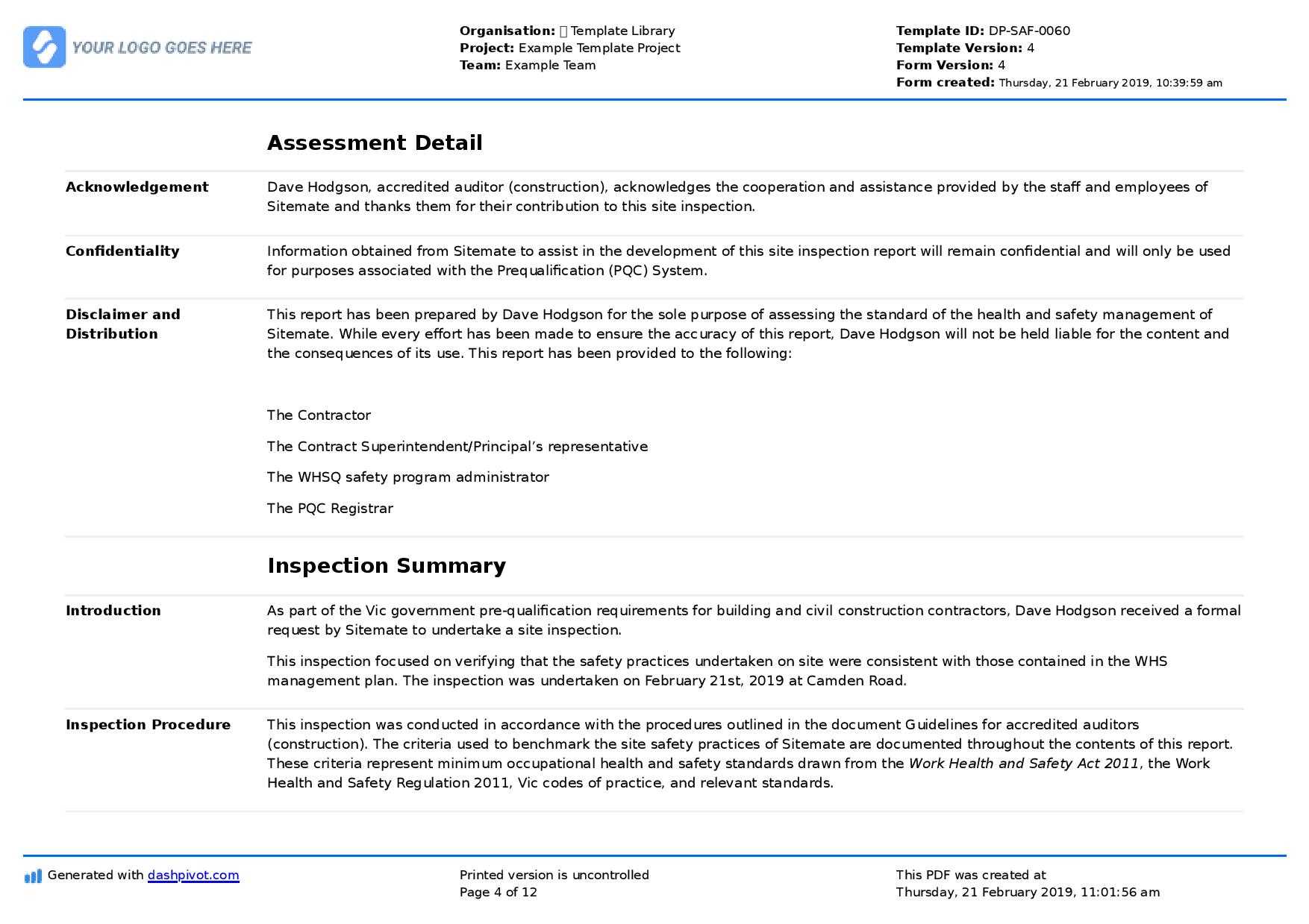 Site Inspection Report: Free Template, Sample And A Proven Regarding Template For Information Report