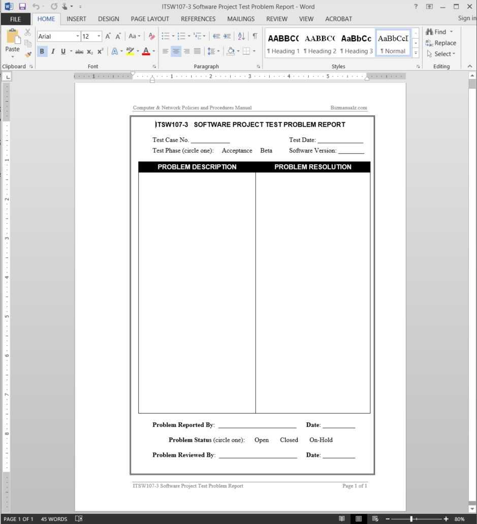 Software Project Test Problem Report Template | Itsw107 3 Pertaining To Acceptance Test Report Template