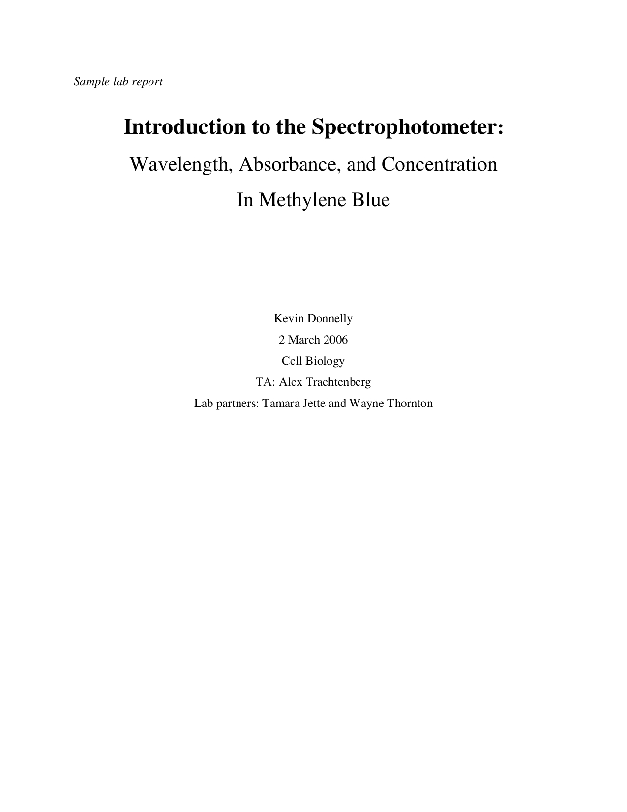 Spectrophotometry Sample Lab Report – Docsity Inside Biology Lab Report Template