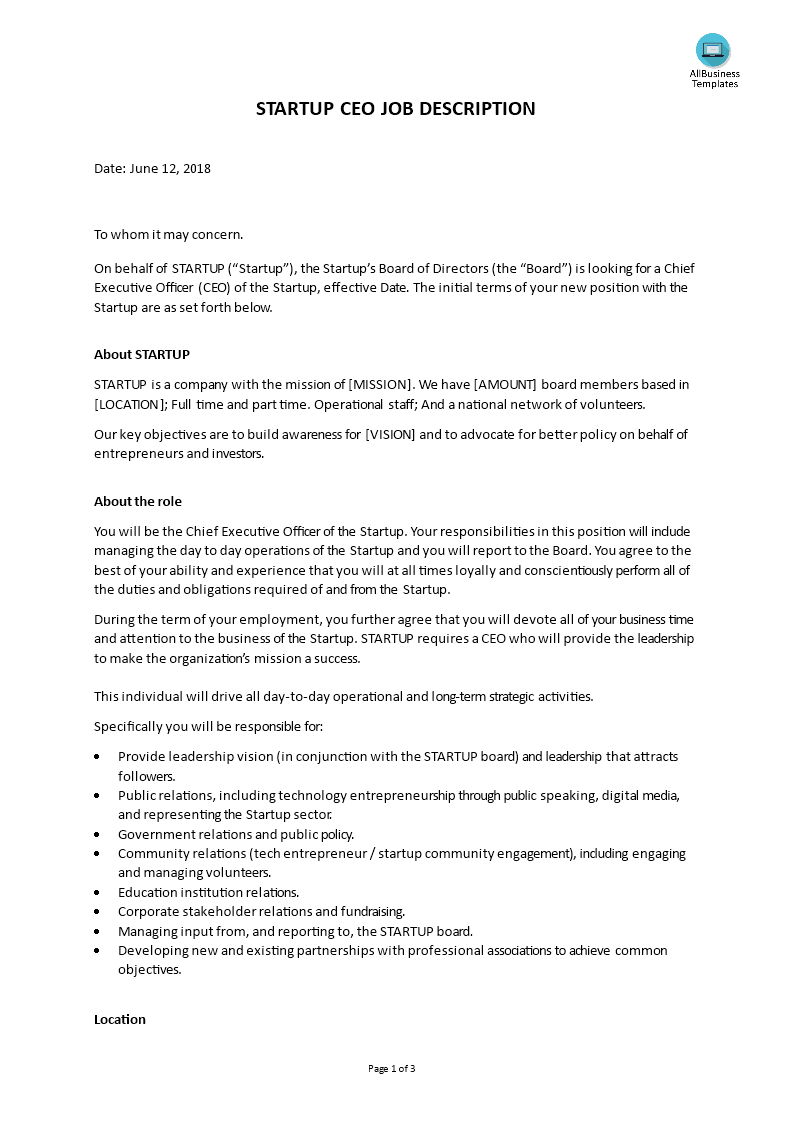Startup Ceo Job Description | Templates At With Ceo Report To Board Of Directors Template
