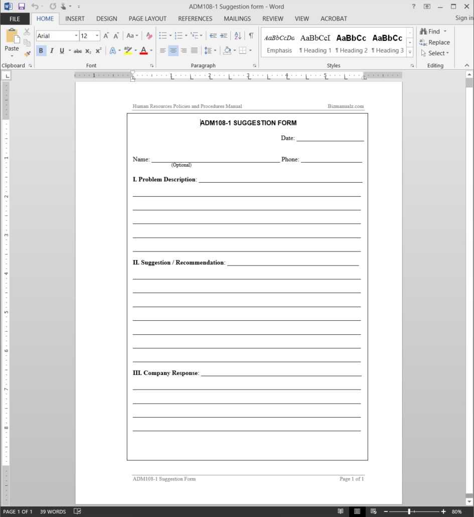 Suggestion Form Template | Adm108 1 For Word Employee Suggestion Form Template