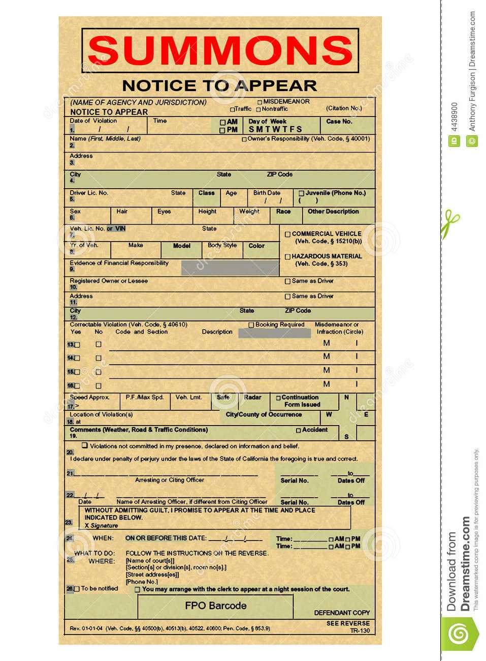 Summons Ticket To Court Stock Photo. Image Of Order Intended For Blank Parking Ticket Template
