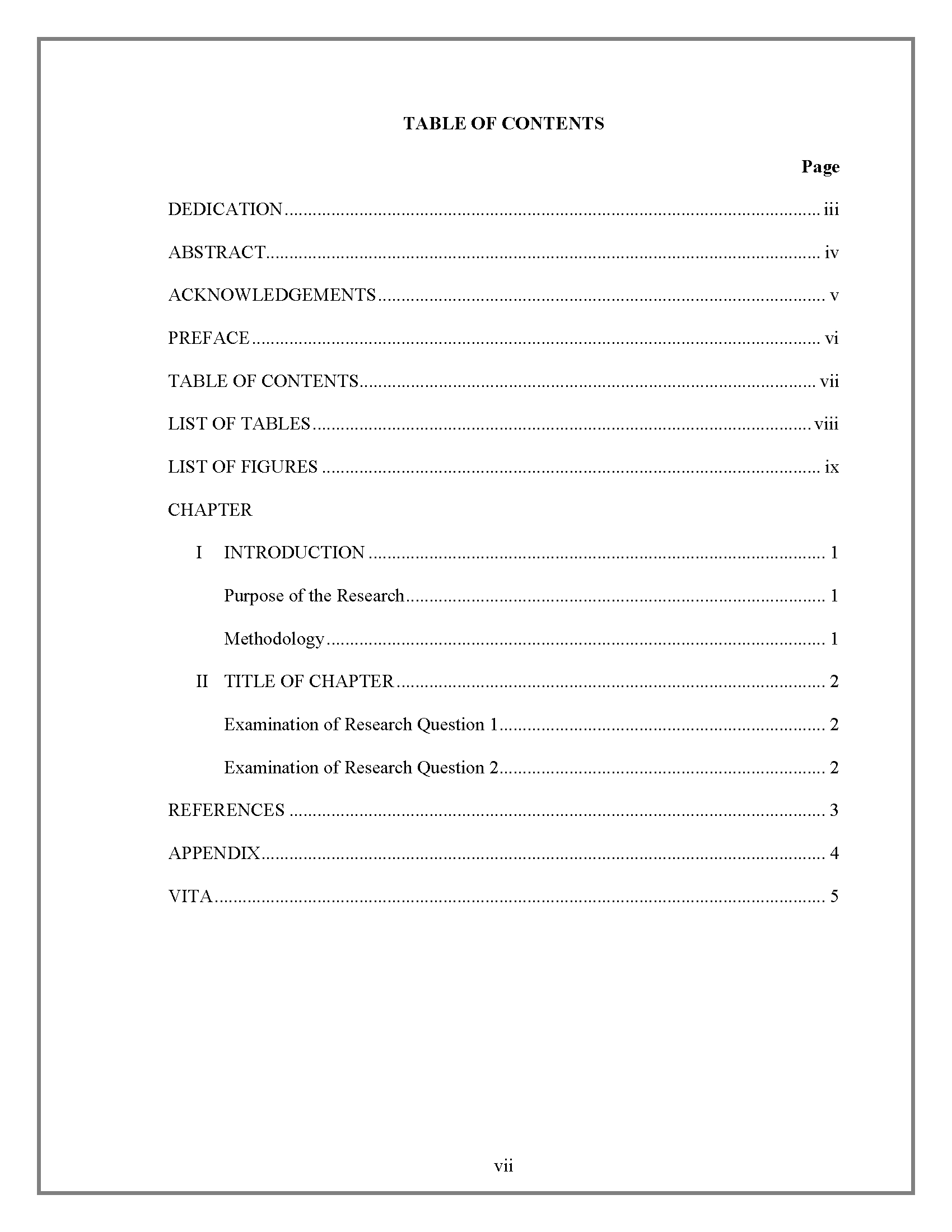 Table Of Contents - Thesis And Dissertation - Research With Regard To Report Content Page Template