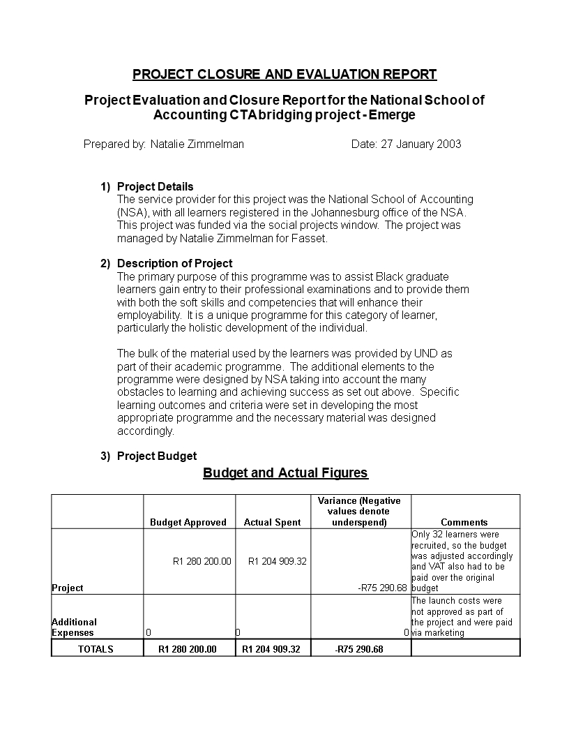 Télécharger Gratuit Standard Evaluation Report Regarding Closure Report Template