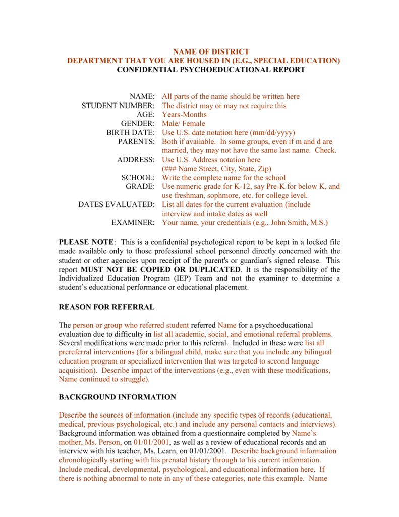 Template For A Bilingual Psychoeducational Report Pertaining To Psychoeducational Report Template