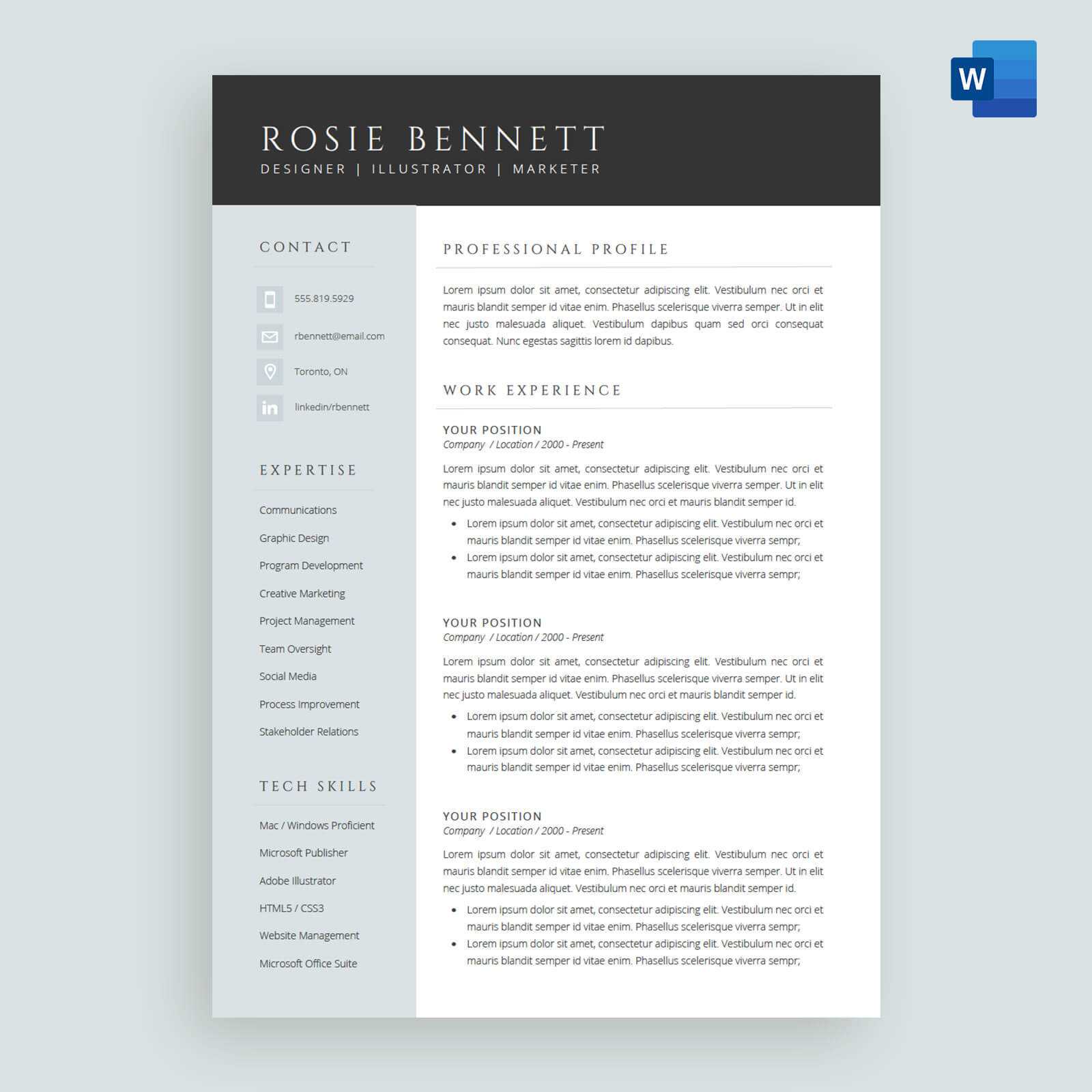 The 'rosie' Resume / Cv Template Package For Microsoft™ Word For Microsoft Word Resumes Templates
