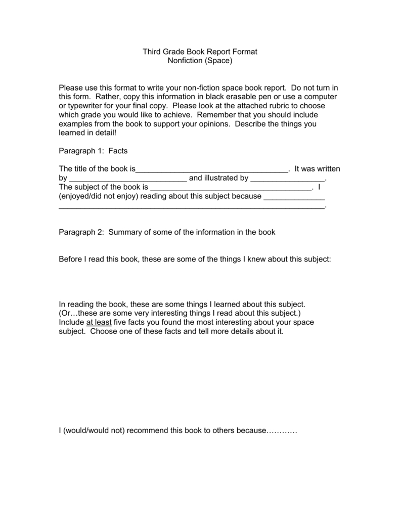 Third Grade Book Report Format Throughout Book Report Template Grade 1