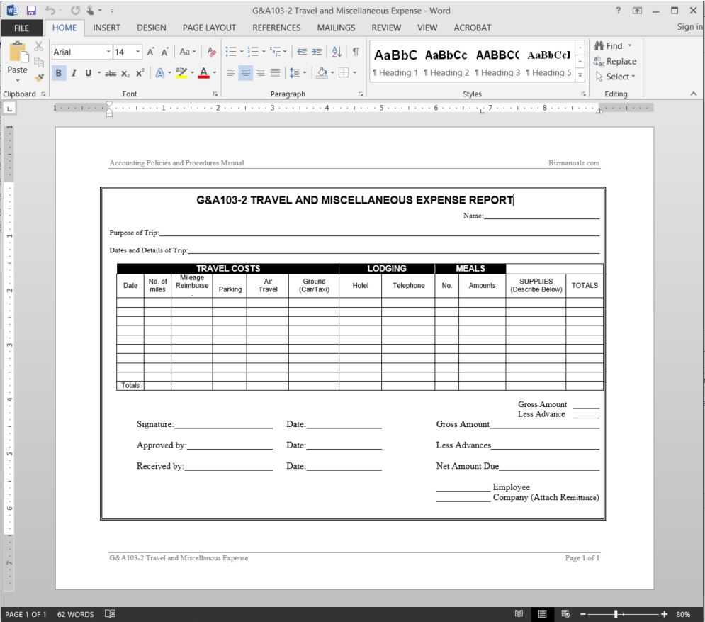 Travel Miscellaneous Expense Report Template | G&a103 2 In Microsoft Word Expense Report Template