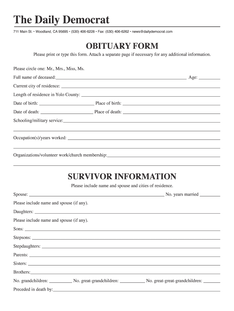 Writable Obituary Form – Fill Online, Printable, Fillable Within Fill In The Blank Obituary Template